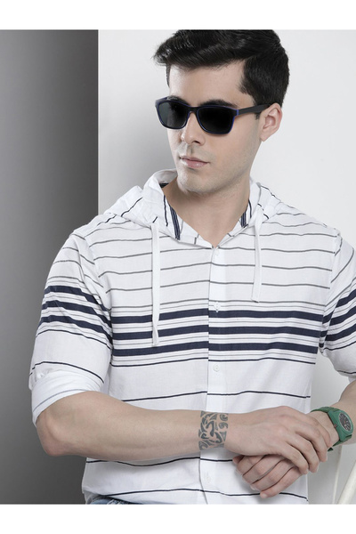 The Indian Garage Co By Styli Men Striped Hooded Slim Fit Shirt