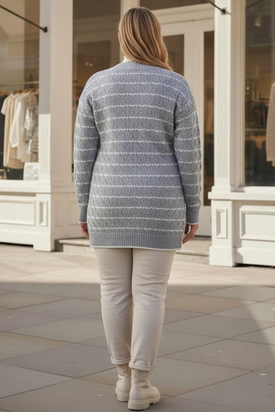 Chiccy Plus Size Grey-White V-Neck Long Sleeve Striped Buttoned Casual Openwork Knitwear Cardigan 80 62