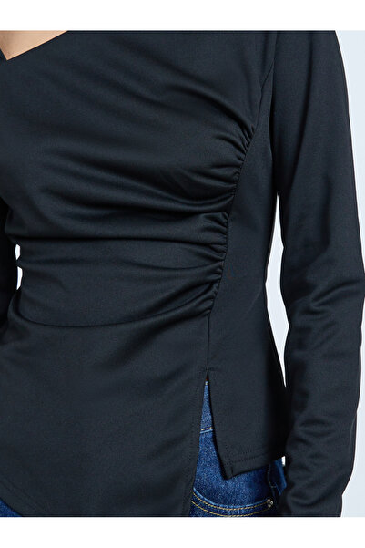 Take Two By Styli Black Irregular Neck Slit Hem Long Sleeve Top