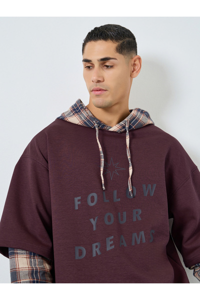 Take Two By Styli Men Maroon Checked Panel Slogan Hoodie