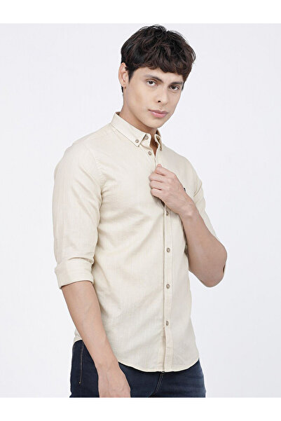 The Indian Garage Co By Styli Men Beige Slim Fit Button-Down Collar Shirt