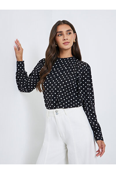 Styli Polka Dot Long Sleeve Pleated Blouse