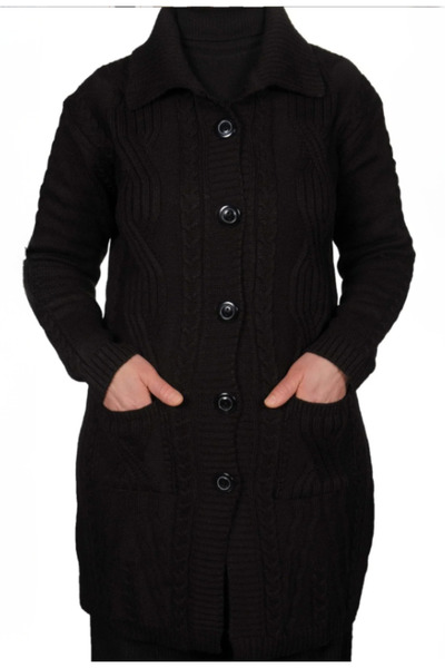 Fresh&Moda Women's Anthracite Black Buttoned Belted Cardigan