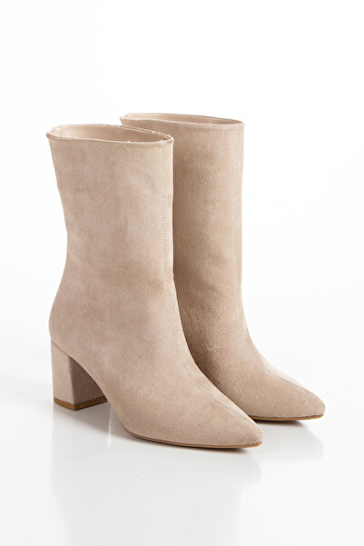 MFT AYAKKABI Women's Zipperless Suede Thick Heeled Pointed Toe Boots