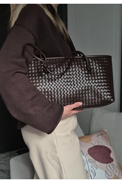 İzel Çakran Women's Bitter Brown Knitted Textured Large Hand and Shoulder Bag