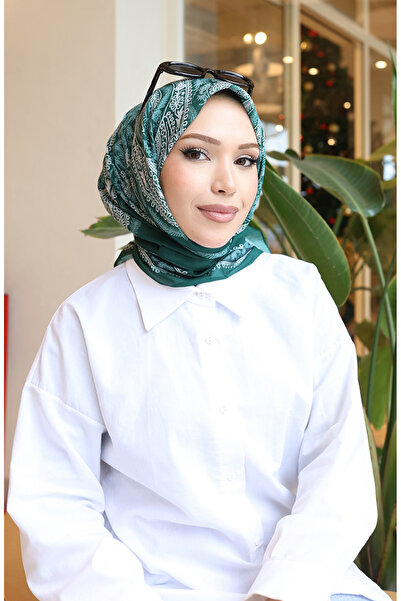 sefamerve Desenli Pamuklu Koza Eşarp 70337-06 Zümrüt Yeşili