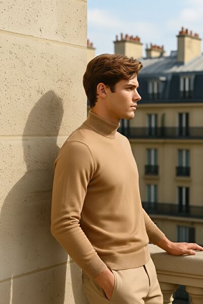 COMBİNE MİCHAİL Men's Casual Daily Trend Basic Brown Sweater