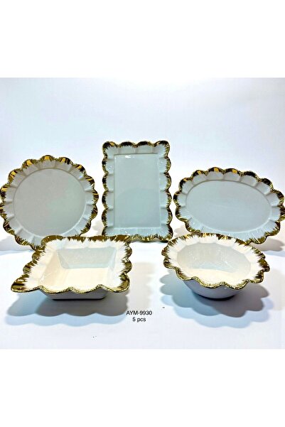 Hinora Gold Detail White 5 Piece Ceramic Serving Plate Set
