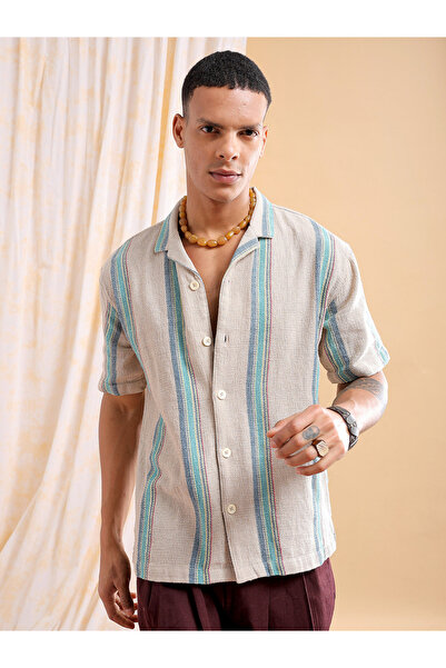 The Indian Garage Co By Styli Men Beige Striped Resort Collar Shirt