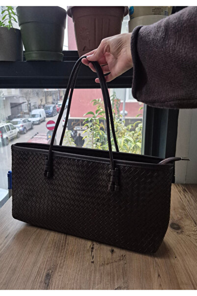 İzel Çakran Women's Bitter Brown Knitted Textured Large Hand and Shoulder Bag