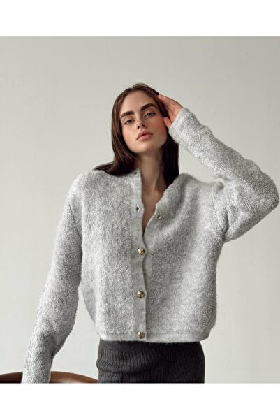 Ecenin Favorileri Gray Towel Textured Thick Women's Cardigan