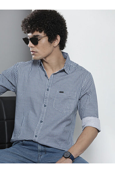 The Indian Garage Co By Styli Men Navy Blue Checked Spread Collar Shirt