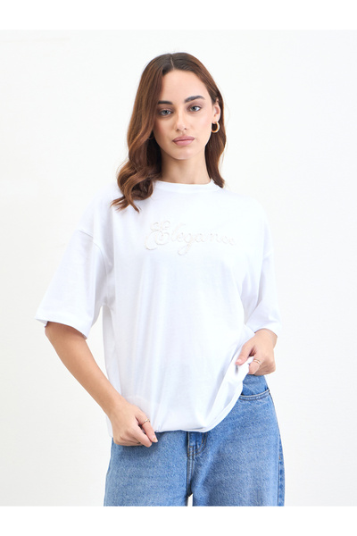 Styli White Beaded Slogan Oversized T-Shirt