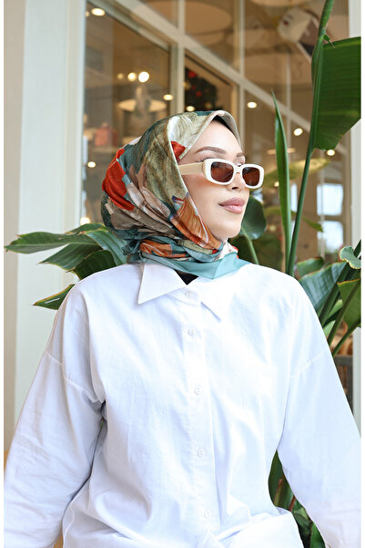 sefamerve وشاح قطني منقوش بالزهور 70336-01 أخضر برتقالي