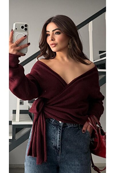 Oslove Burgundy Double-Breasted tie-up sweater