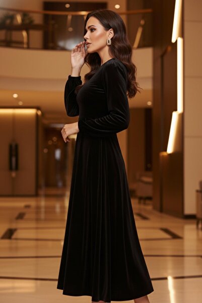 Mossta Μακρυμάνικο μαύρο βελούδινο βραδινό φόρεμα μίντι