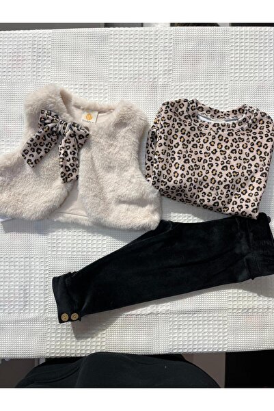 mayakids Leopard Printed Plush Y Vest Set Velvet Baby Set