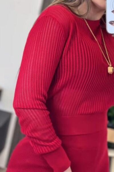 Mossta Knitwear Blouse and Wide Leg Pants Set - Red