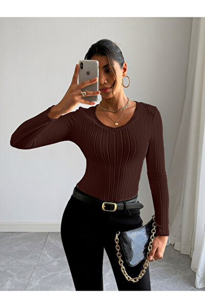 Take Two By Styli Women Brown Ribbed Knit Long Sleeve Top