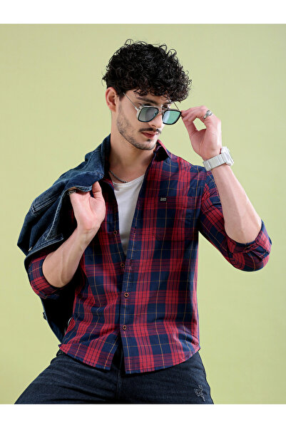 The Indian Garage Co By Styli Men Navy Checkered Regular Fit Shirt