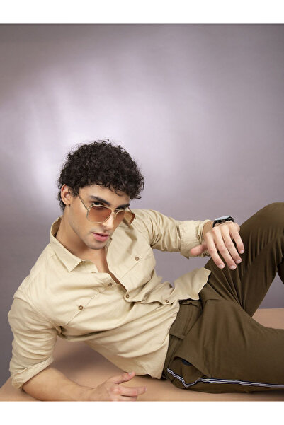 The Indian Garage Co By Styli The Indian Garage Co Slim Fit Beige Solid Shirt