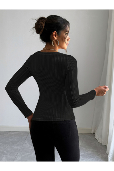 Take Two By Styli Women Black Ribbed Knit Long Sleeve Top