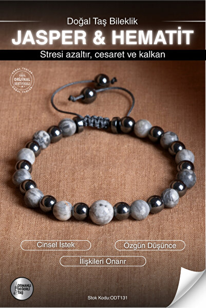 OSMANLI DEĞERLİ TAŞ Certified Jasper & Hematite Natural Stone Macrame Bracele...