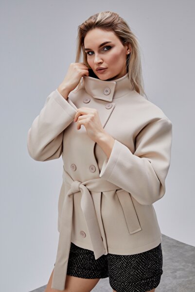 Bolivente Carvella Beige Mock Neck Belted Cashmere Jacket