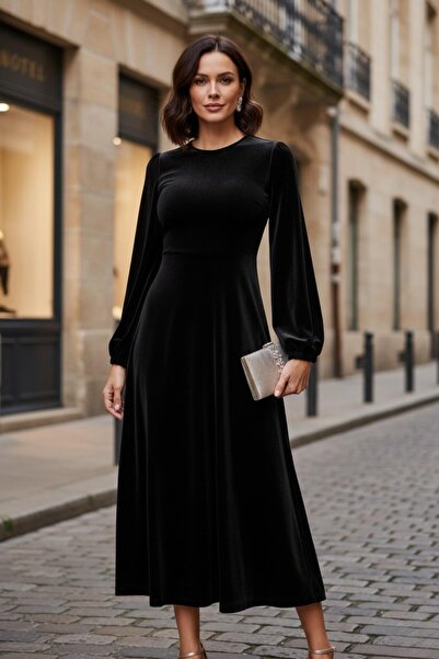 Mossta Απλό κομψό μαύρο βελούδινο φόρεμα