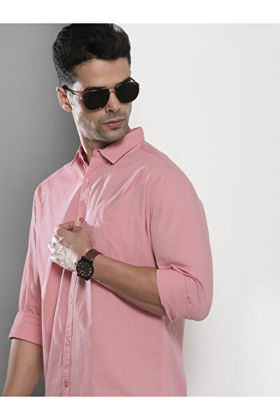 The Indian Garage Co By Styli Men Pink Solid Spread Collar Shirt