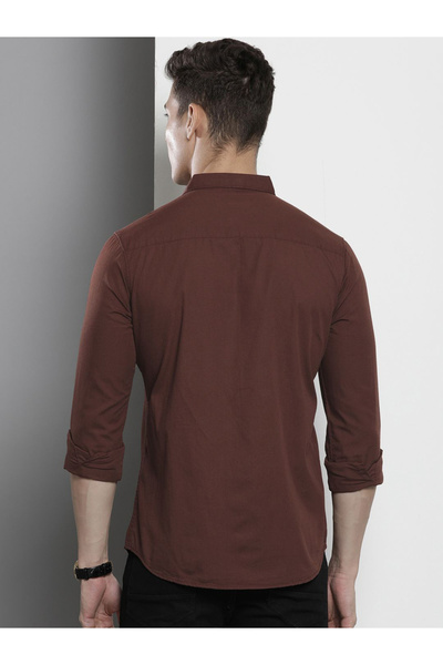 The Indian Garage Co By Styli Men Brown Solid Spread Collar Shirt - Classic Style