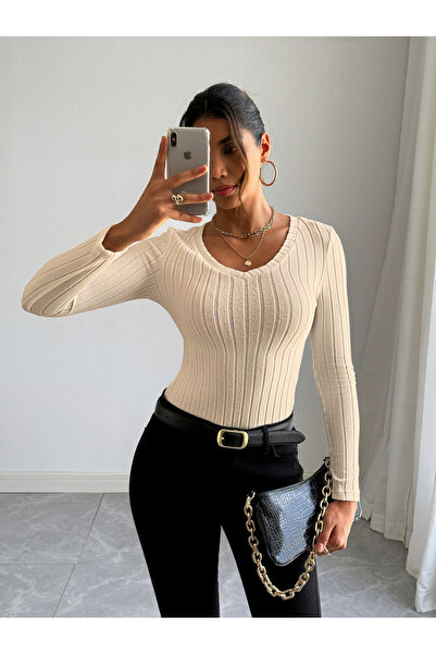 Take Two By Styli Women Beige Ribbed Knit Long Sleeve Top