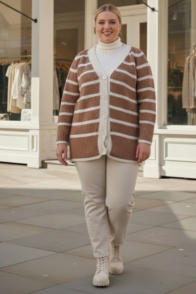 Chiccy Plus Size Light Brown V-Neck Long Sleeve Striped Buttoned Thick Casual Knitwear Cardigan 70 70