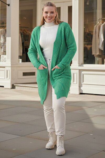 Chiccy Large Size Green Long Sleeve Patterned Casual Soft Oversized Knitwear Cardigan 90 77