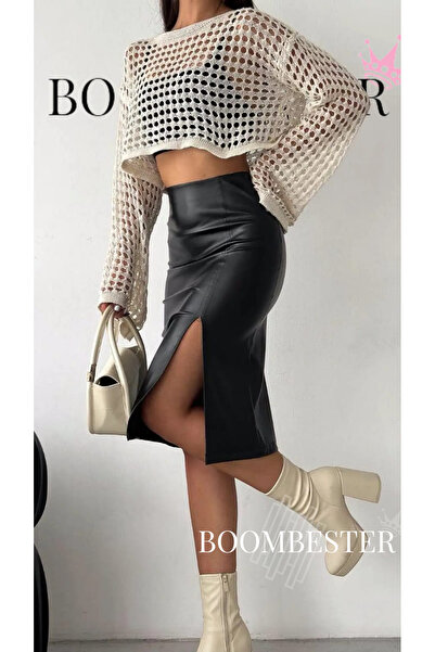 BoomBester Kadın Yüksek Bel Deri Kalem Etek -Beli Lastikli Yırtmaçlı (İçi Pam...