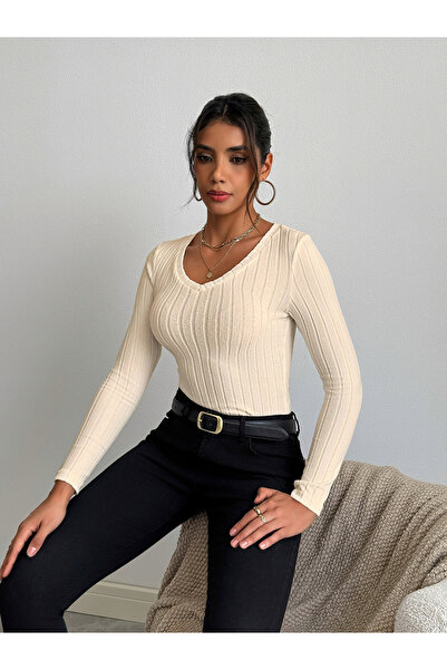 Take Two By Styli Women Beige Ribbed Knit Long Sleeve Top