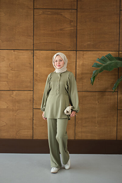 LOCCO Women's Snap Fastener Drawstring Detail Two-Piece Set Green