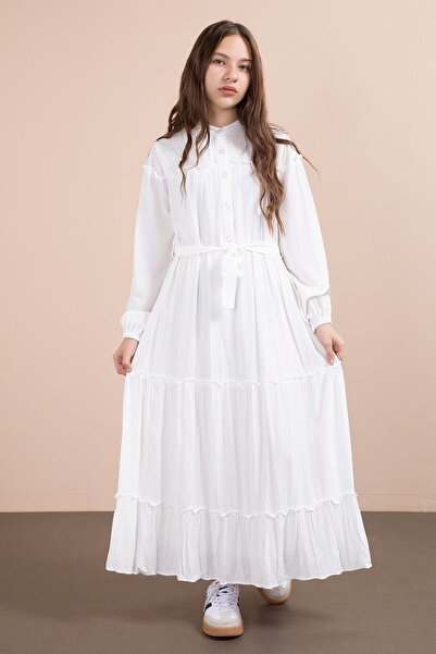 Cansın Mini Ecru Sleeves Gathered Belted Girls' Long Dress 23401