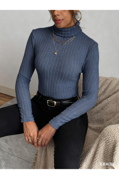 Take Two By Styli Women Navy Blue Ribbed Turtleneck Top