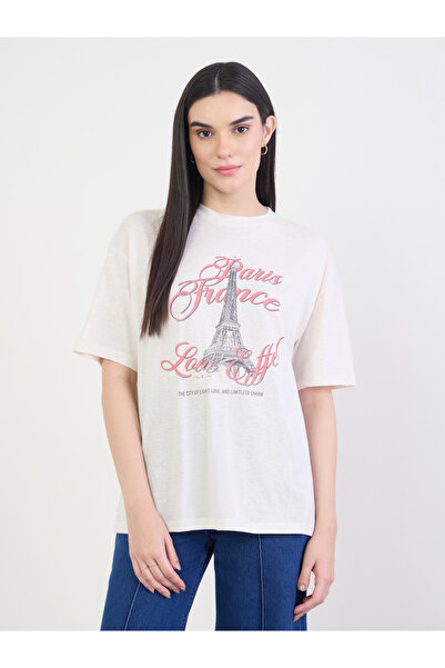 Styli Beige Graphic Oversized Cotton T-Shirt