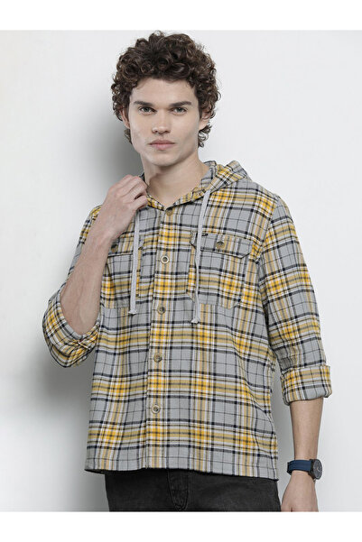 The Indian Garage Co By Styli Men Grey Checked Hooded Shirt