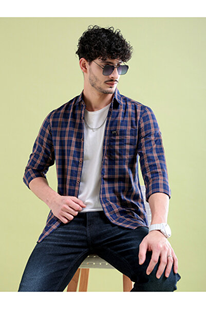 The Indian Garage Co By Styli Navy Blue Checked Slim Fit Shirt for Men
