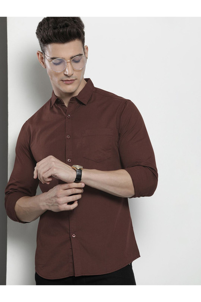 The Indian Garage Co By Styli Men Brown Solid Spread Collar Shirt - Classic Style