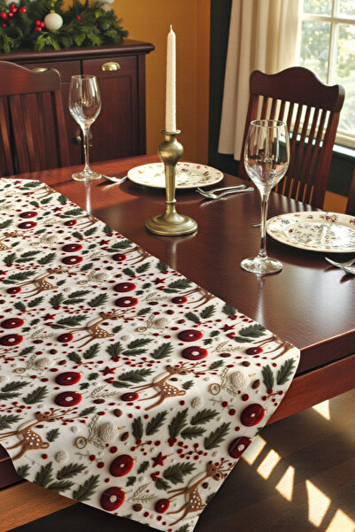 DECOROMA Runner cu model roșu de kokina și căprior cu tematică de Anul Nou - Cusut manual