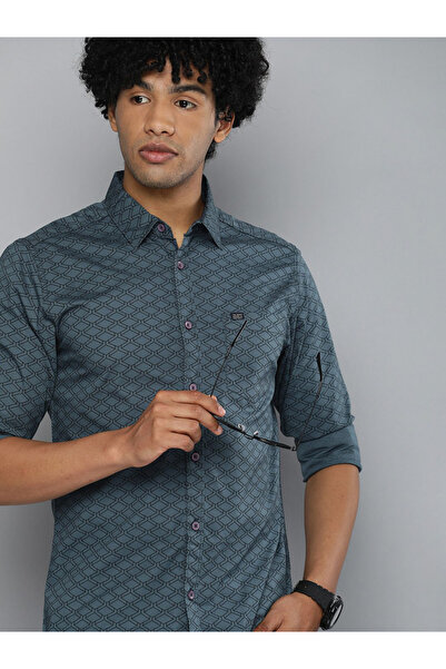 The Indian Garage Co By Styli Men Charcoal Printed Spread Collar Shirt
