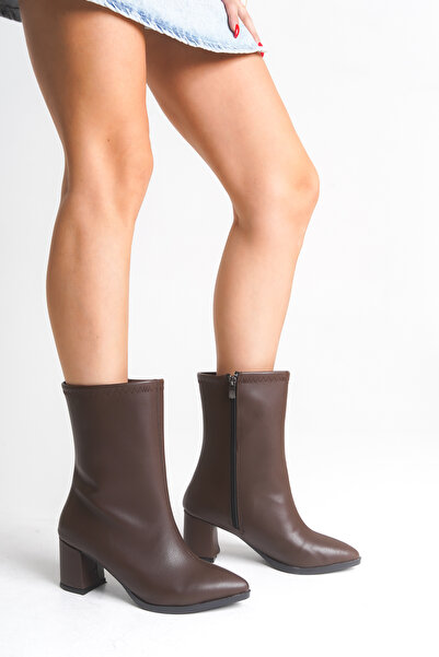 Maylina Kadın Acı Kahve Cilt Sivri Burun Dikişli Kalın Topuklu Bot