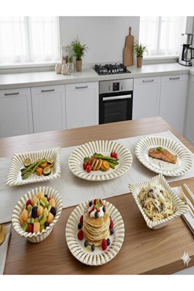Hinora White Ceramic Serving Plate Set with Gold Line Detail, 5 Pieces