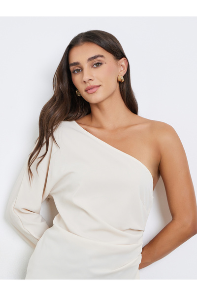 Styli Asymmetric One Sleeve Blouse with Draped Detail