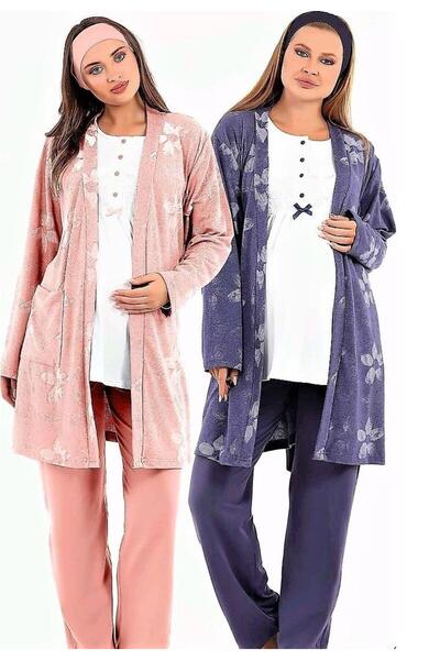 Sinem Çeyiz Bh 4203 Floral Patterned Maternity 3-Piece Thin Robe Pajama Set