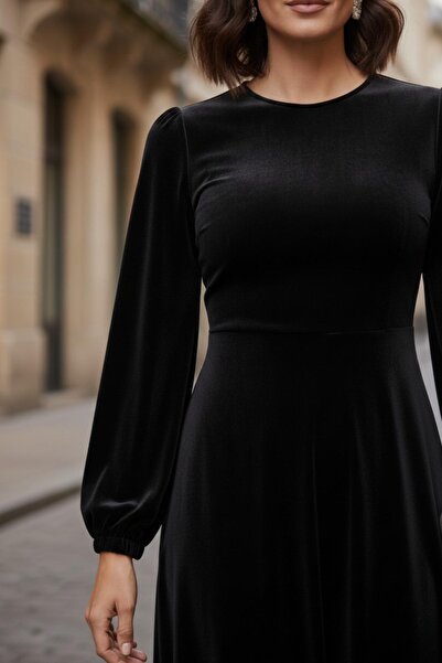 Mossta Απλό κομψό μαύρο βελούδινο φόρεμα